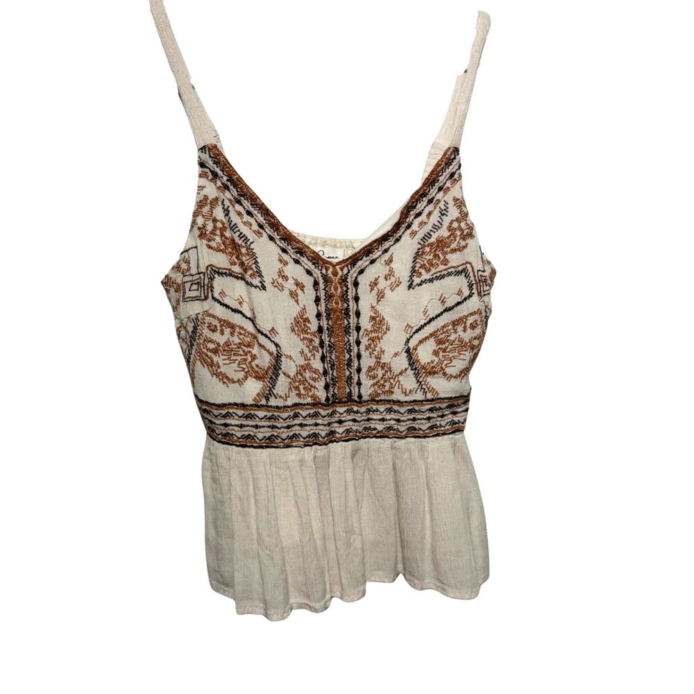 Boho Tank Top Sz M Cream Brown Festival Embroidered Strappy Babydoll Peplum Cami